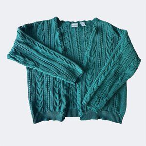 KATHERINE BISHOP Women's Green Cable Knit Cardigan Sweater Size L Grandamacore